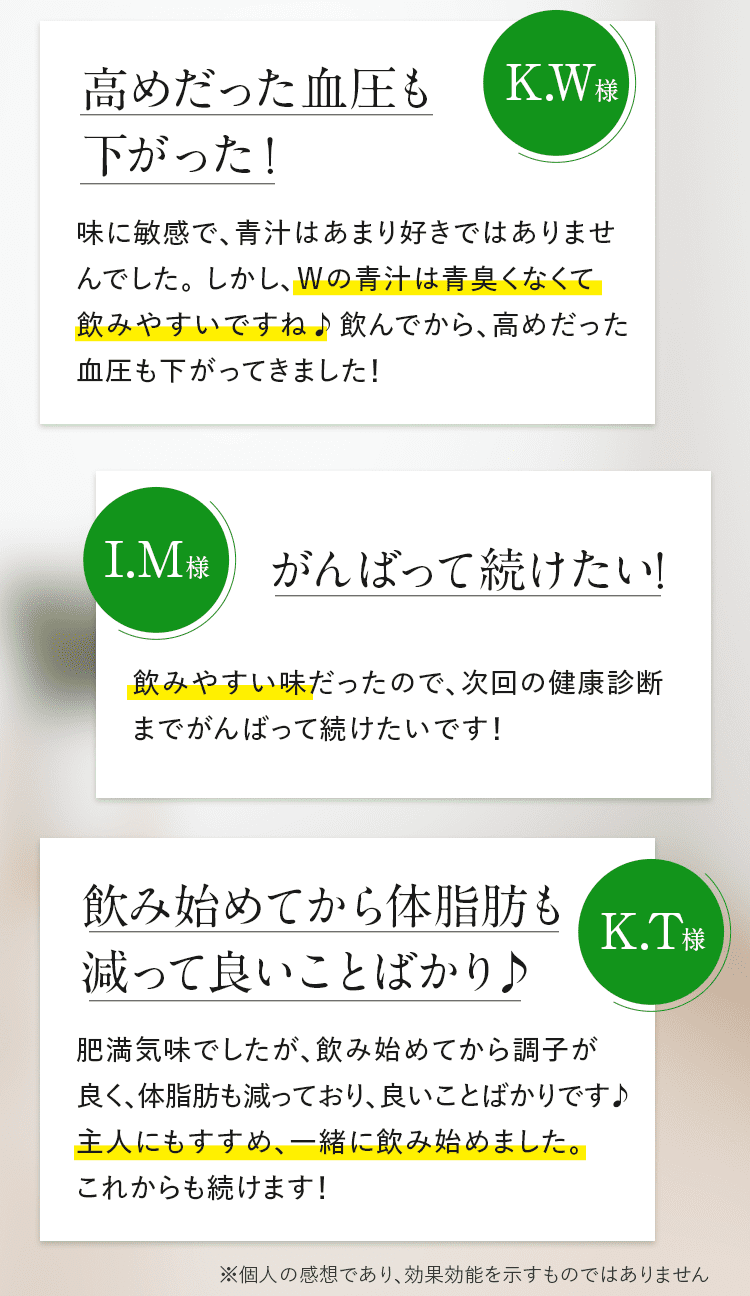 高めだった血圧も下がった！ 気になるお腹周りも すっきり！ 飲み始めてから体脂肪も減って良いことばかり